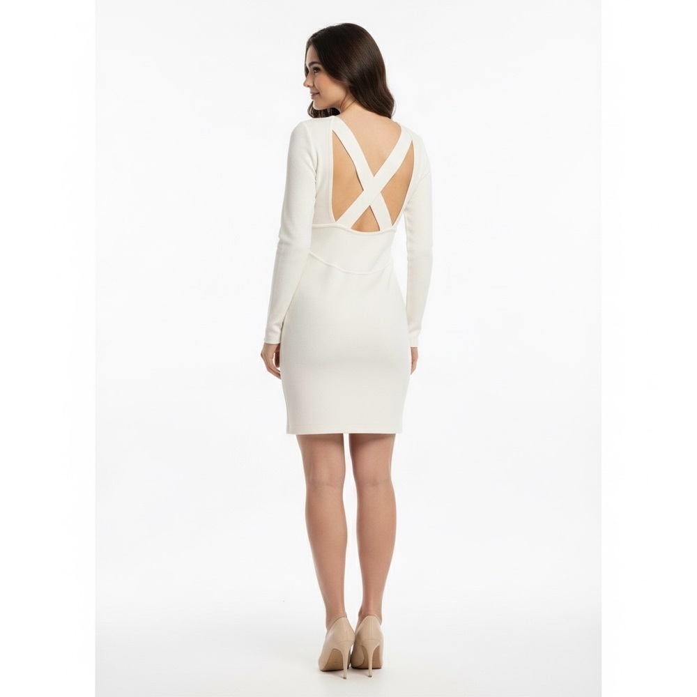 Vintage Rodier Paris Off-White Cream Ribbed Knit Long Sleeve Sweater Dress